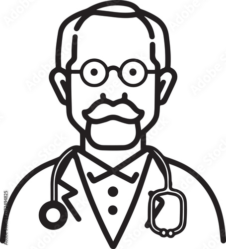 Hand Drawn Elderly Male Doctor Black and White Illustration in Minimal Line Art Style Design