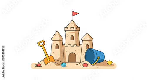 Pristine vector illustration of a classic three-towered sandcastle featuring a small red flag on the central peak and a blue bucket lying nearby now.