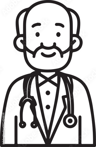Hand Drawn Elderly Male Doctor Black and White Illustration in Minimal Line Art Style Design