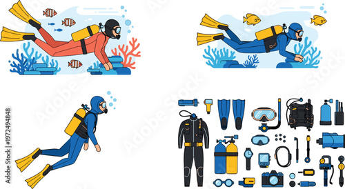 Scuba Diving Illustration Collection with Underwater Divers Marine Life and Professional Equipment Including Tanks Fins Masks and Gear Flat Vector Set