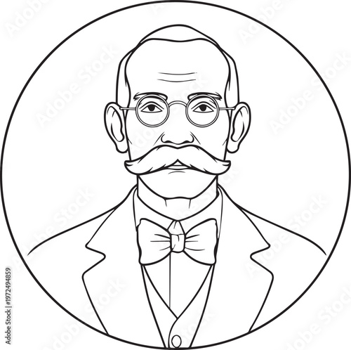 Hand Drawn Elderly Male Doctor Black and White Illustration in Minimal Line Art Style Design