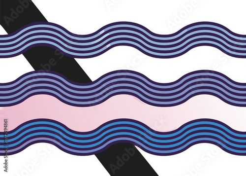 Horizontal wavy bands composed of blue and purple lines cross a black background with a diagonal grey shadow overlay and a pinkish gradient area.
