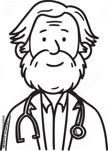 Hand Drawn Elderly Male Doctor Black and White Illustration in Minimal Line Art Style Design