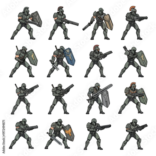 Collection of miniature medieval knight soldiers.