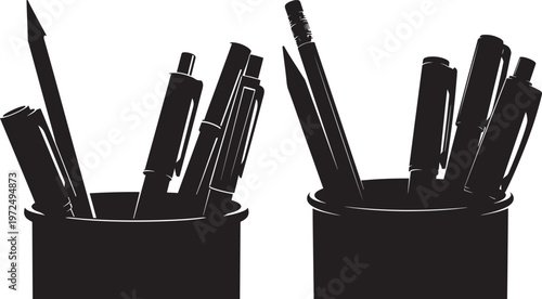 Two black silhouette pencil holders filled with pens and pencils with pen holder with office supplies with writing tools with desk organization with art supplies with school supplies with design eleme