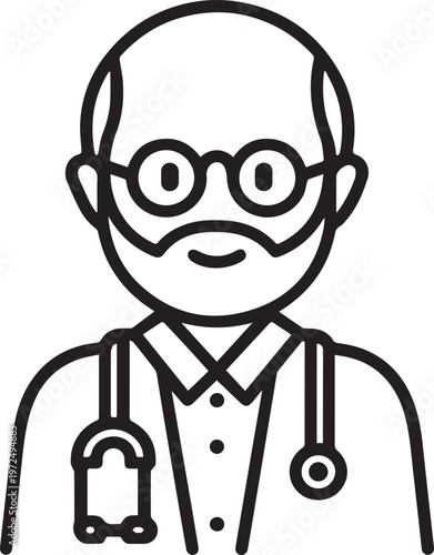 Hand Drawn Elderly Male Doctor Black and White Illustration in Minimal Line Art Style Design