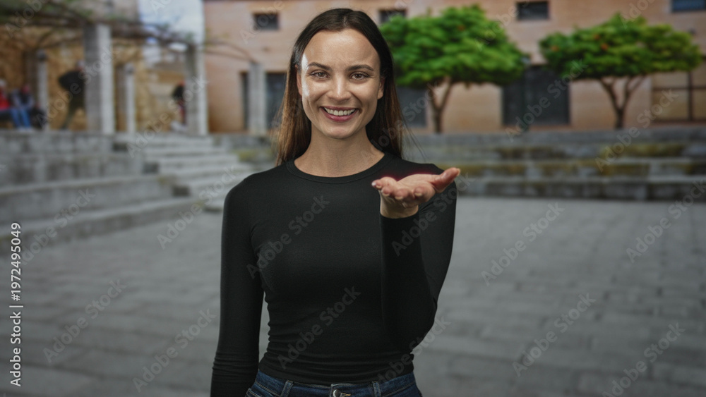 Fototapeta premium Woman in black top and jeans smiles and holds out her palm on a stone street plaza; friendly invitation.