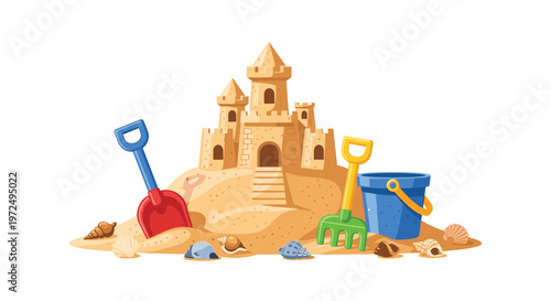 Elaborate multi-towered sandcastle stands prominently on a beach surrounded by vibrant plastic toys like a red spade and blue bucket with many shells.