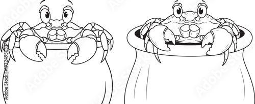 Two cartoon crabs with large claws and happy expressions with black and white with marine life