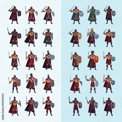 Collection of ancient Roman legionary soldier characters with shields and swords.