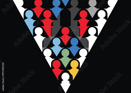 An inverted triangle formed by a dense arrangement of colorful stylized human silhouettes in red, blue, green, and white on a solid black background.