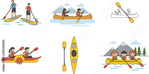 Water Sports Activities Collection with Kayaking Canoeing Rafting and Paddleboarding Scenes Including Equipment and Outdoor Adventure Flat Vector Illustration Set