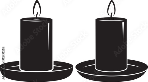 Two black silhouette candles with flames on saucers with white background