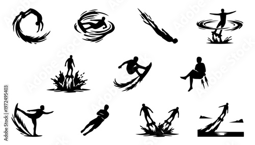 Extreme Water Sports Silhouette Icon Set – Flyboard, Surfing, Diving and Action Wave Elements