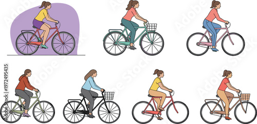 Women Riding Bicycles Collection with Different Styles and Poses Including City Cycling Commuting and Leisure Activities Flat Vector Illustration Set