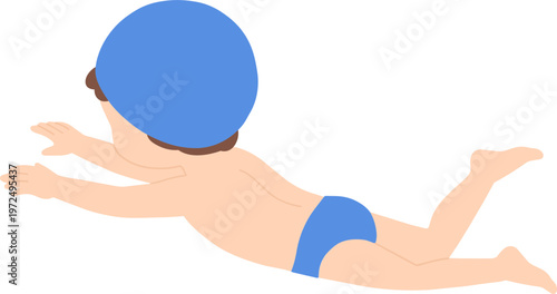 Little boy swimming in blue cap and trunks 2D flat vector