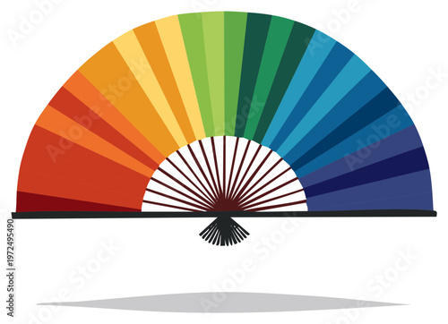 Colorful hand fan illustration with vibrant spectrum of rainbow hues for design.
