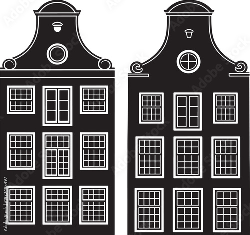 Black and white silhouette of two dutch gable facades with line art