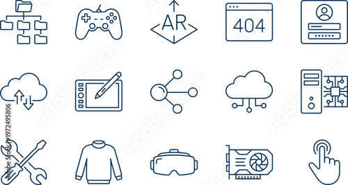 Digital technology and lifestyle line icon set including cloud computing, gaming, virtual reality, hardware, network connection, augmented reality and web development