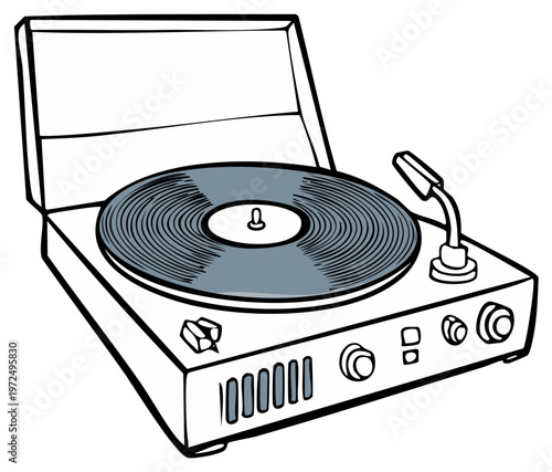 Vintage record player with spinning vinyl album and tonearm ready to play music