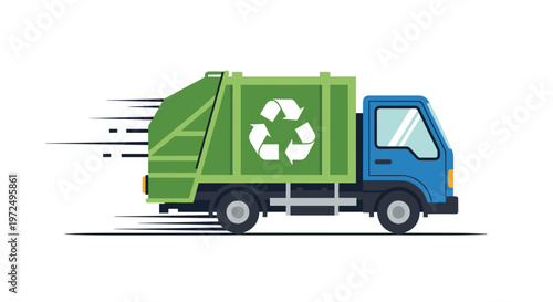 Dynamic green and blue sanitation truck speeds along a white background featuring a large white recycling logo on its main waste compartment for work.