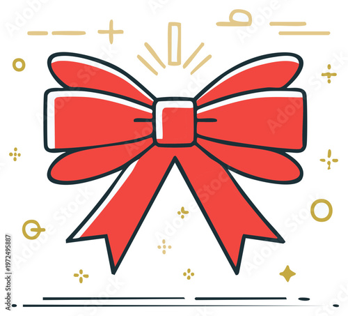 Hand drawn red bow with gold decorative accents for celebrations and gifting