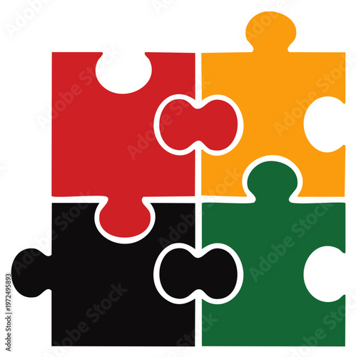 Four Interlocking Puzzle Pieces Forming a Square in Red Yellow Black and Green