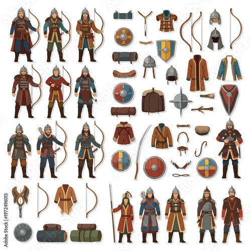 Collection of Mongolian warrior figures and traditional clothing and weapons.
