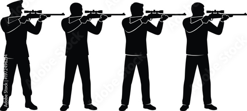 Military and civilian sniper silhouettes, armed shooters aiming rifles, security force concept illustration, tactical figures vector, isolated on white background