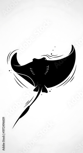Black silhouette of a stingray swimming.