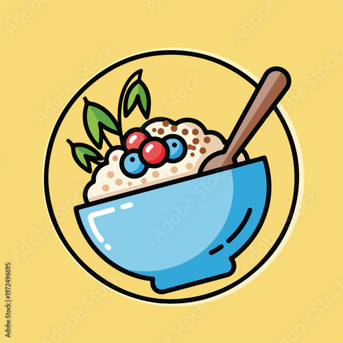 Cartoon Illustration of a Bowl of Oatmeal with Berries.