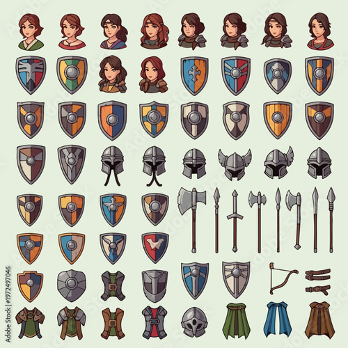 Fantasy RPG Game Asset Icon Set with Medieval Armor Weapons and Characters.