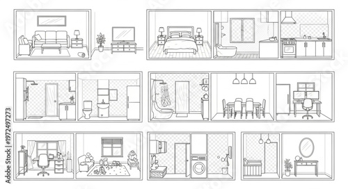 Architectural Sketches of Interior Spaces - Detailed Room Layouts and Design.