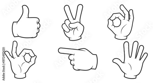 Four Distinct Hand Gestures Representing Thumbs Up, Peace, Pointing, and Open Palm on Isolated White Background