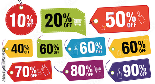 Vibrant collection of discount price tags with shopping cart and star icons, showcasing various percentage offers for sales and promotions on isolated white background.
