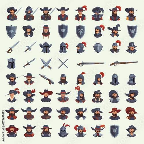 Collection of Musketeers Soldiers Knights and Medieval Warriors Icons.