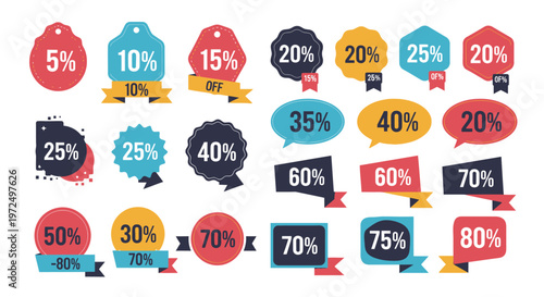 Collection of circular discount badges with various percentage offers from 5% to 80% off for retail sales on isolated white background.
