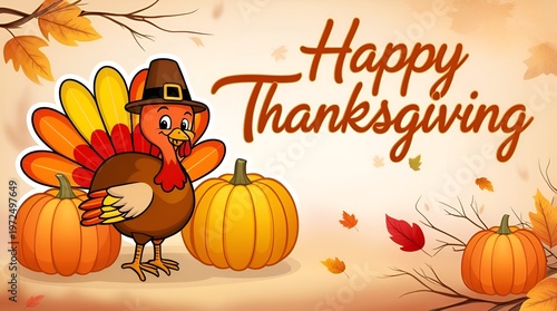 Adorable cartoon turkey smiling with pumpkins and falling leaves, Happy Thanksgiving text, bright and cheerful holiday illustration