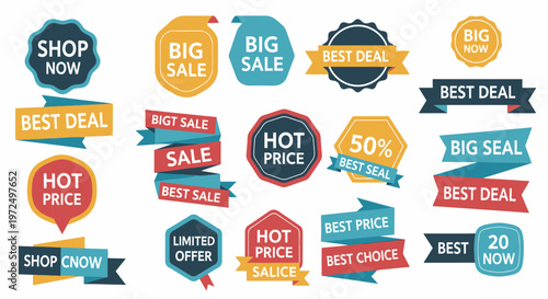 Set of colorful shopping and sale promotion badges with "Best Deal," "Hot Price," and "Shop Now" messages on isolated white background.