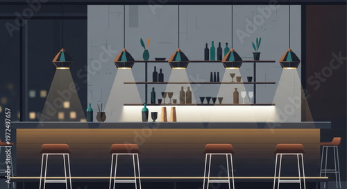A modern bar interior with stools and illuminated shelves.