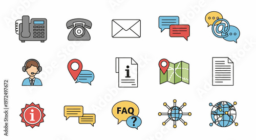 Collection of flat design communication and information support icons set including phone, email, chat, location, and FAQ on isolated white background.