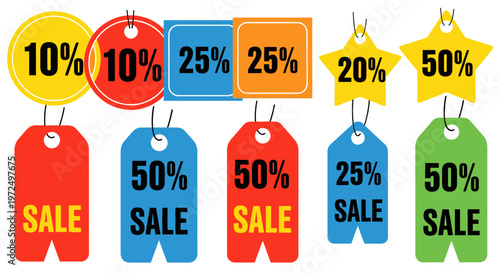 Bright round and star-shaped discount price tags with various percentage offers for sales and promotions on isolated white background.