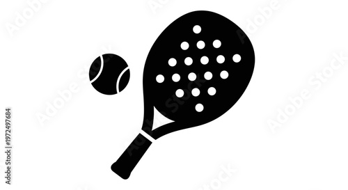 Close-up of a padel racket and ball in black silhouette, emphasizing the details of the sport equipment on isolated white background.