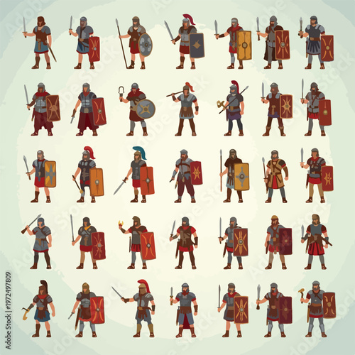 Collection of ancient Roman soldiers in various armor and weapons.