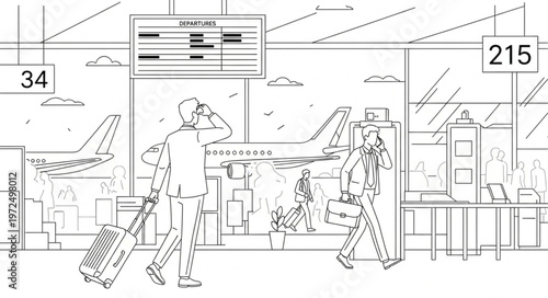 Airport Scene - Travelers with Luggage and Flight Information Board.