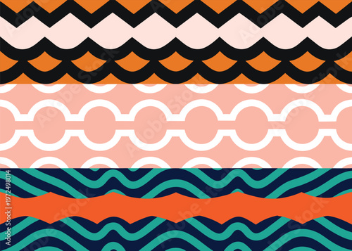 Three horizontal decorative bands feature orange scallops, white interlocking circles on pink, and teal waves bordered by orange in a vector pattern.