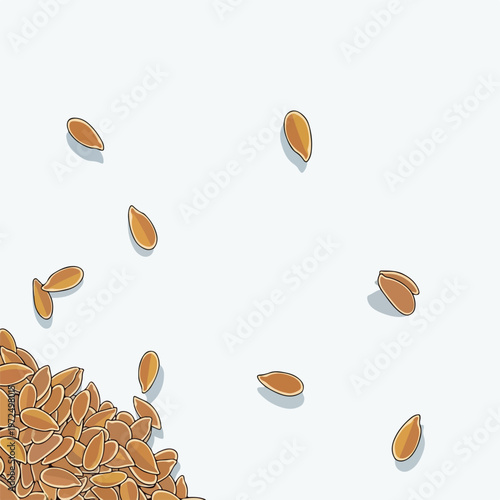 Illustration of scattered organic flax seeds and a pile.