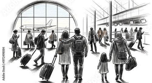 Airport Scene - Travelers with Luggage in a Busy Terminal.
