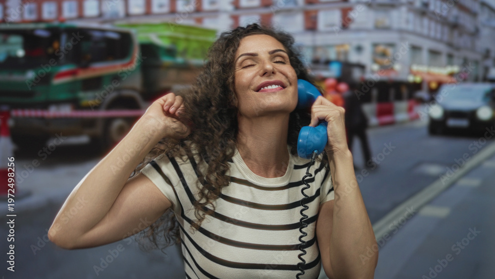 Fototapeta premium Woman holding bright blue telephone receiver brushing hair in front of construction barriers on a city street; joy.