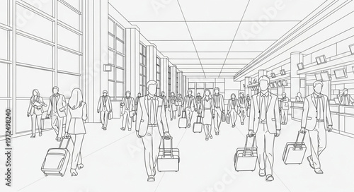 Airport Terminal Sketch - A Crowd of Travelers with Luggage.